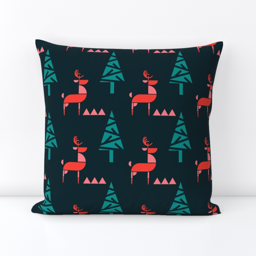 Scandinavian Reindeer in woodland- Abstract Geometric Doe with Christmas Trees- Dark Blue/Teal/Coral/Light Watermelon Pink