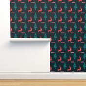 Scandinavian Reindeer in woodland- Abstract Geometric Doe with Christmas Trees- Dark Blue/Teal/Coral/Light Watermelon Pink