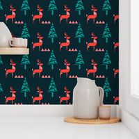 Scandinavian Reindeer in woodland- Abstract Geometric Doe with Christmas Trees- Dark Blue/Teal/Coral/Light Watermelon Pink