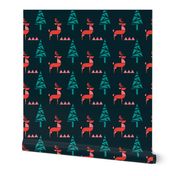 Scandinavian Reindeer in woodland- Abstract Geometric Doe with Christmas Trees- Dark Blue/Teal/Coral/Light Watermelon Pink