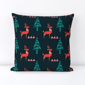 Scandinavian Reindeer in woodland- Abstract Geometric Doe with Christmas Trees- Dark Blue/Teal/Coral/Light Watermelon Pink