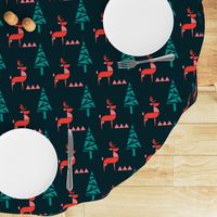 Scandinavian Reindeer in woodland- Abstract Geometric Doe with Christmas Trees- Dark Blue/Teal/Coral/Light Watermelon Pink