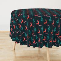 Scandinavian Reindeer in woodland- Abstract Geometric Doe with Christmas Trees- Dark Blue/Teal/Coral/Light Watermelon Pink