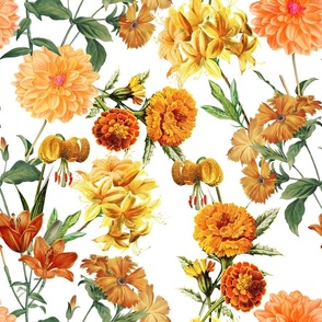 18" Vintage Sunflowers on white- Sunflowers fabric ,sunflower fabric