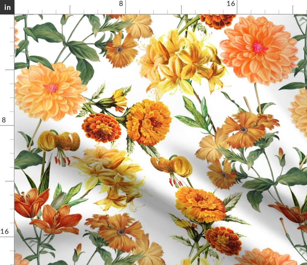 18" Vintage Sunflowers on white- Sunflowers fabric ,sunflower fabric