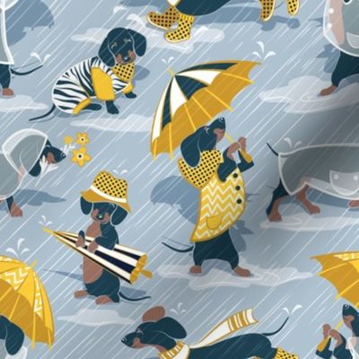 Small scale // Ready For a Rainy Walk // pastel blue background navy blue dachshunds dogs with yellow and transparent rain coats and umbrellas 