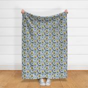 Small scale // Ready For a Rainy Walk // pastel blue background navy blue dachshunds dogs with yellow and transparent rain coats and umbrellas 