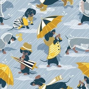 Small scale // Ready For a Rainy Walk // pastel blue background navy blue dachshunds dogs with yellow and transparent rain coats and umbrellas 