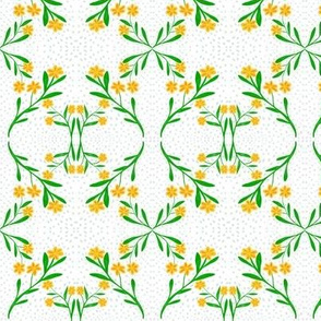 Sunny Flowers in Spring Rain Damask on White - Extra Small Scale