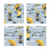 Normal scale // Ready For a Rainy Walk // pastel blue background navy blue dachshunds dogs with yellow and transparent rain coats and umbrellas