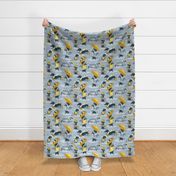 Normal scale // Ready For a Rainy Walk // pastel blue background navy blue dachshunds dogs with yellow and transparent rain coats and umbrellas