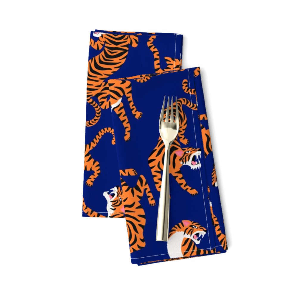 Tigers Dancing on Blue Indigo, Asian Tiger, Gold Orange and Black Animal Print Champs