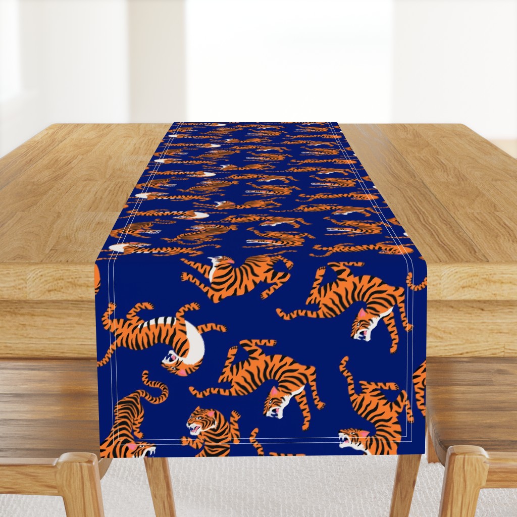 Tigers Dancing on Blue Indigo, Asian Tiger, Gold Orange and Black Animal Print Champs