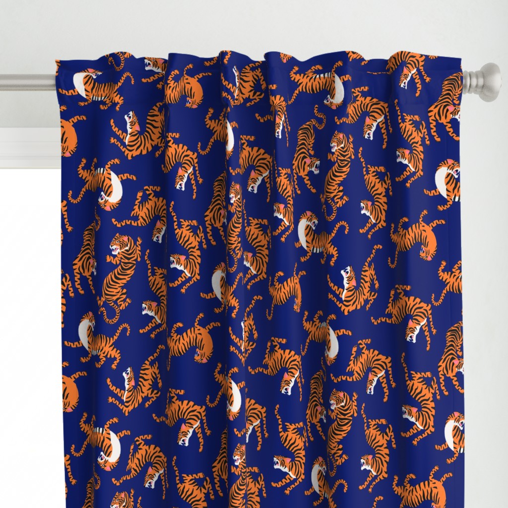 Tigers Dancing on Blue Indigo, Asian Tiger, Gold Orange and Black Animal Print Champs