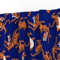 Tigers Dancing on Blue Indigo, Asian Tiger, Gold Orange and Black Animal Print Champs