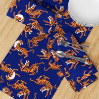 Tigers Dancing on Blue Indigo, Asian Tiger, Gold Orange and Black Animal Print Champs