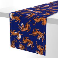 Tigers Dancing on Blue Indigo, Asian Tiger, Gold Orange and Black Animal Print Champs