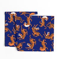 Tigers Dancing on Blue Indigo, Asian Tiger, Gold Orange and Black Animal Print Champs