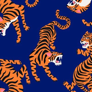 Tigers Dancing on Blue Indigo, Asian Tiger, Gold Orange and Black Animal Print Champs