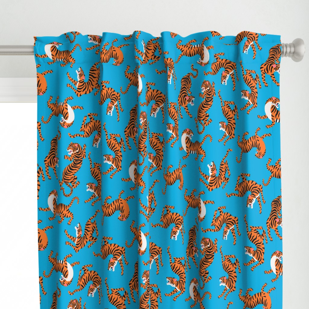 Tigers Dancing on Blue Background and Orange Animal Print Champs on Fading or Gradient Background