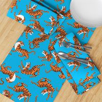 Tigers Dancing on Blue Background and Orange Animal Print Champs on Fading or Gradient Background