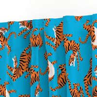 Tigers Dancing on Blue Background and Orange Animal Print Champs on Fading or Gradient Background