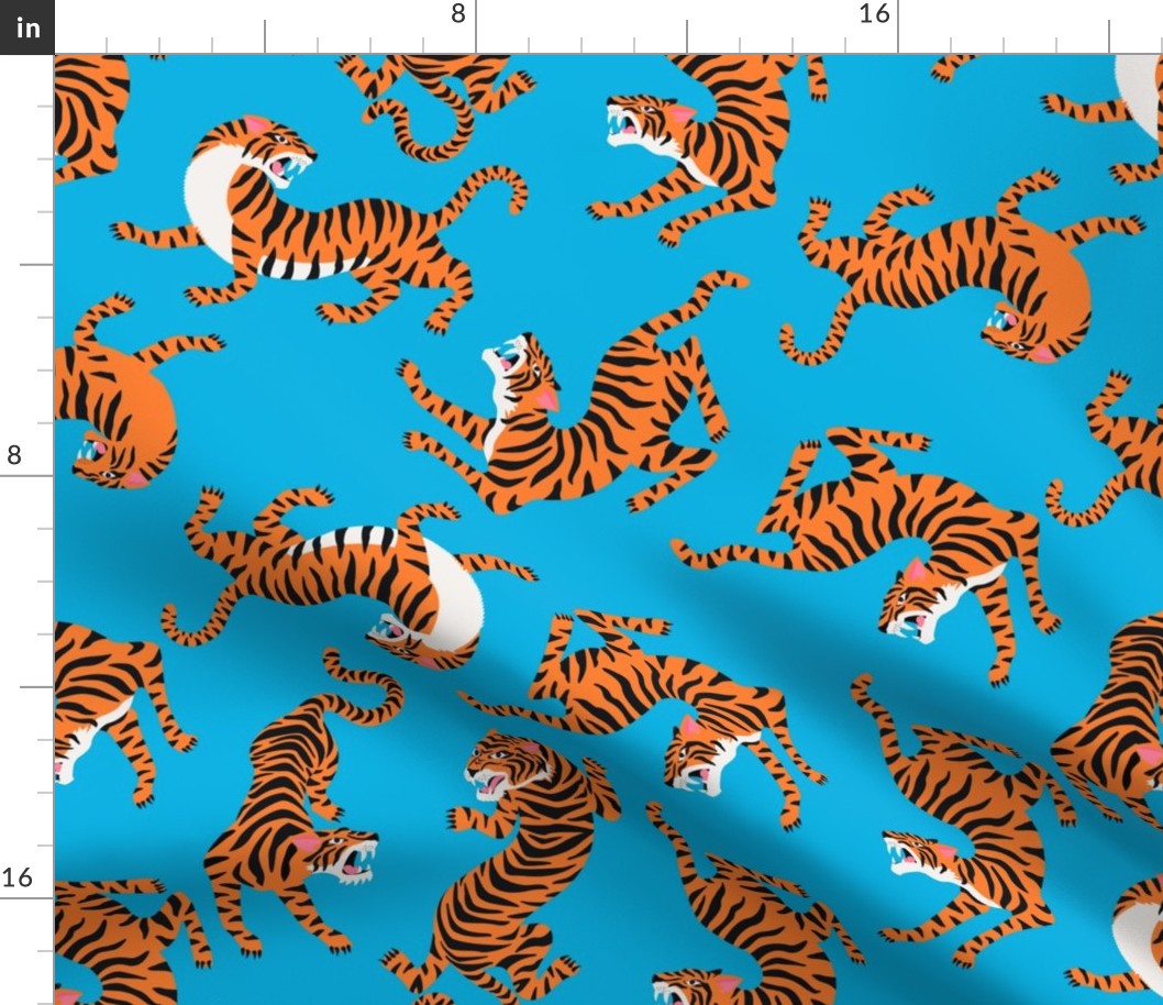 Tigers Dancing on Blue Background and Orange Animal Print Champs on Fading or Gradient Background