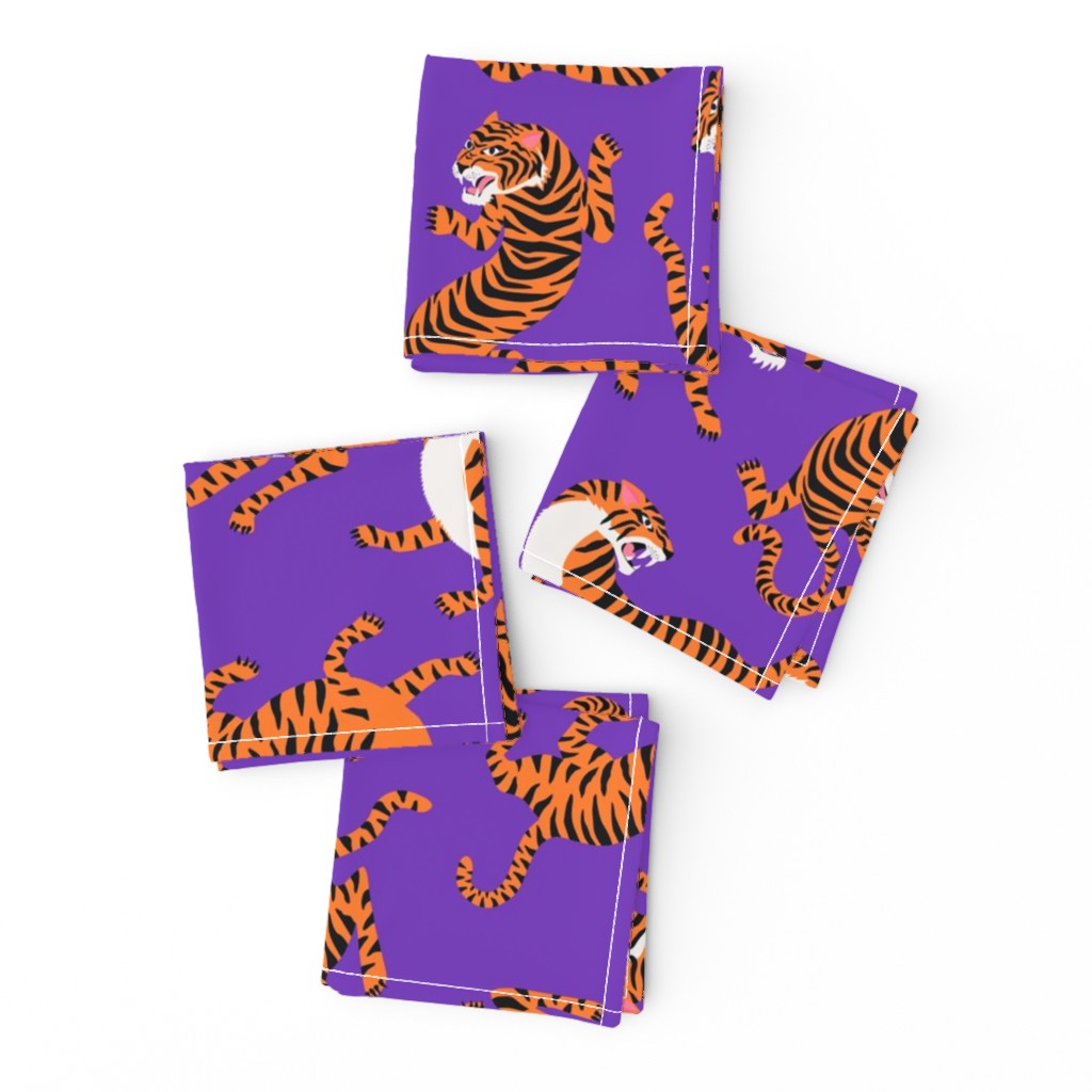 Tigers Dancing on Purple, Asian Tiger, Gold Orange and Black Animal Print Champs