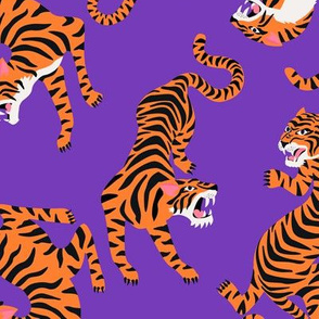 Tigers Dancing on Purple, Asian Tiger, Gold Orange and Black Animal Print Champs