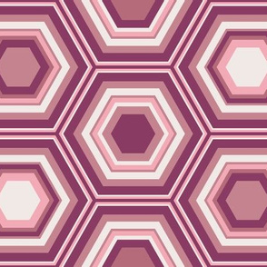 Large pink striped hexagons on a burgundy background