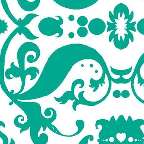  Damask with white hearts turquoise on white