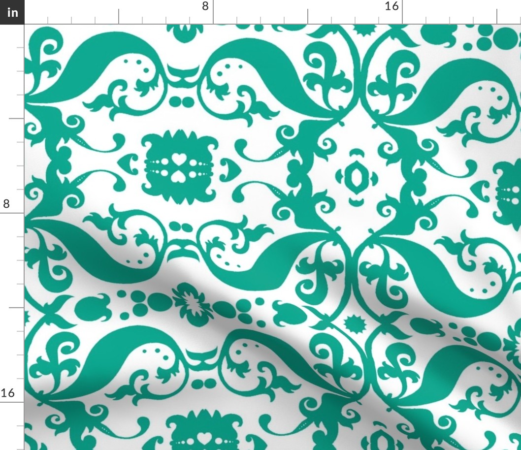  Damask with white hearts turquoise on white