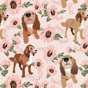 Cocker Spaniel dogs pink sunflowers floral - dog fabric cocker spaniel puppy