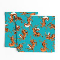 Tigers Dancing on Teal, Asian Tiger, Gold Orange and Black Animal Print Champs