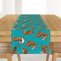 Tigers Dancing on Teal, Asian Tiger, Gold Orange and Black Animal Print Champs