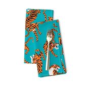Tigers Dancing on Teal, Asian Tiger, Gold Orange and Black Animal Print Champs