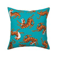Tigers Dancing on Teal, Asian Tiger, Gold Orange and Black Animal Print Champs