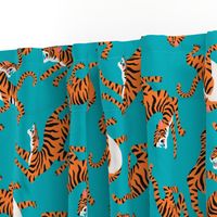 Tigers Dancing on Teal, Asian Tiger, Gold Orange and Black Animal Print Champs