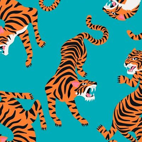 Tigers Dancing on Teal, Asian Tiger, Gold Orange and Black Animal Print Champs