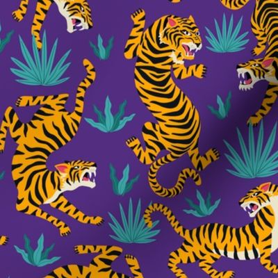 Tigers Dancing on Purple, Asian Tiger, Gold Orange and Black Animal Print Champs