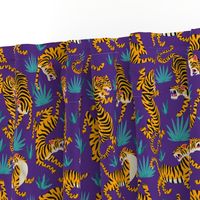 Tigers Dancing on Purple, Asian Tiger, Gold Orange and Black Animal Print Champs
