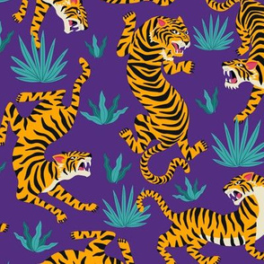 Tigers Dancing on Purple, Asian Tiger, Gold Orange and Black Animal Print Champs