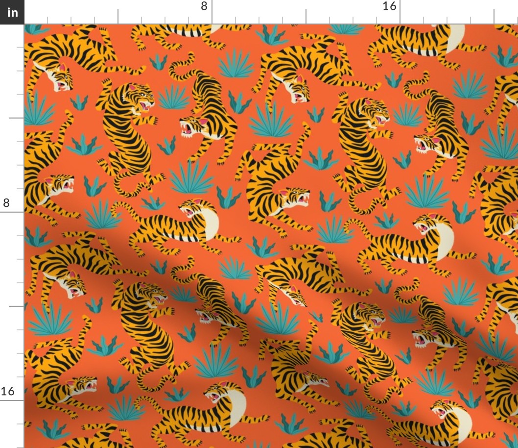 Tigers Dancing on Orange, Asian Tiger, Gold Orange and Black Animal Print Champs