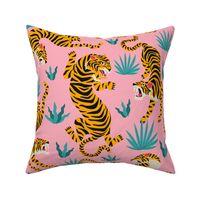  Tigers Dancing on Pink, Asian Tiger, Gold Orange and Black Animal Print Champs