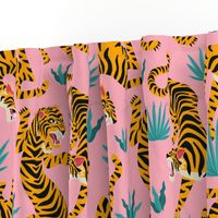  Tigers Dancing on Pink, Asian Tiger, Gold Orange and Black Animal Print Champs