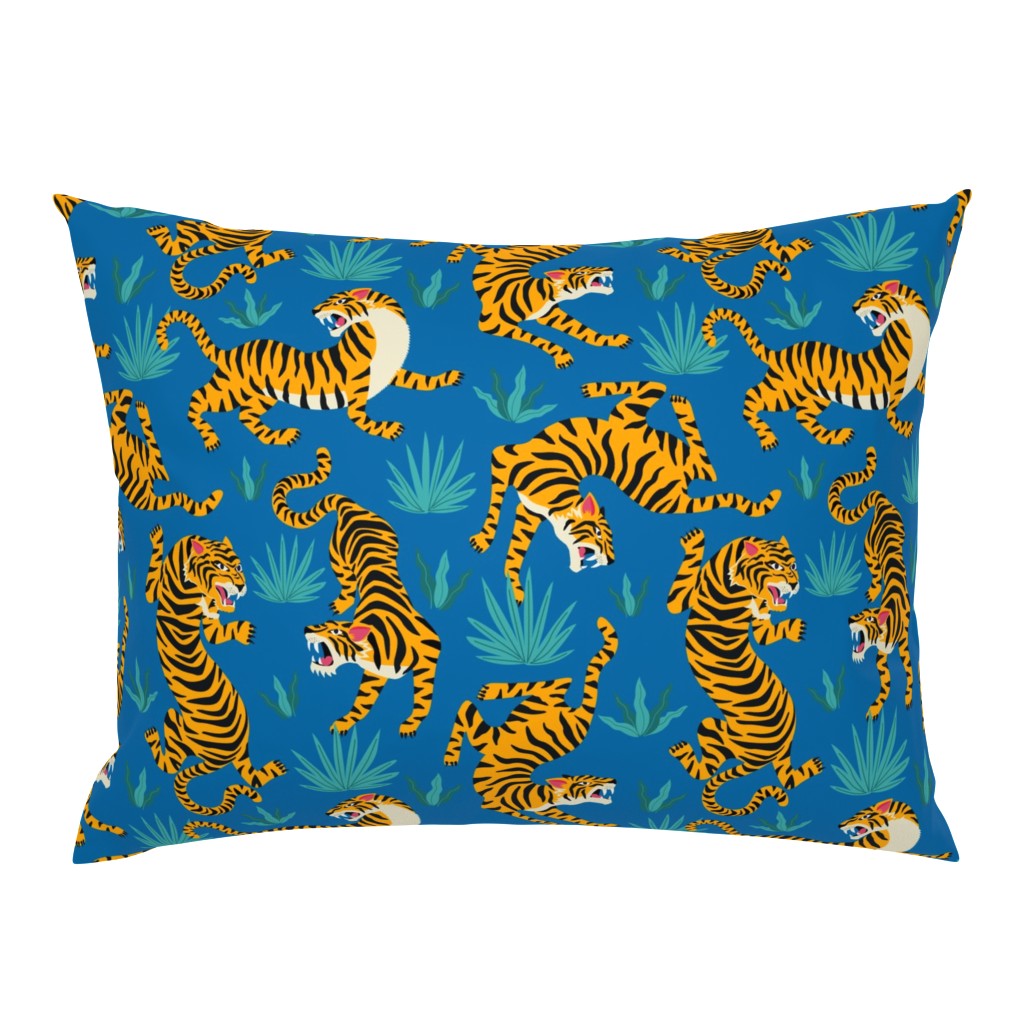 Tigers Dancing on Blue, Asian Tiger, Gold Orange and Black Animal Print Champs