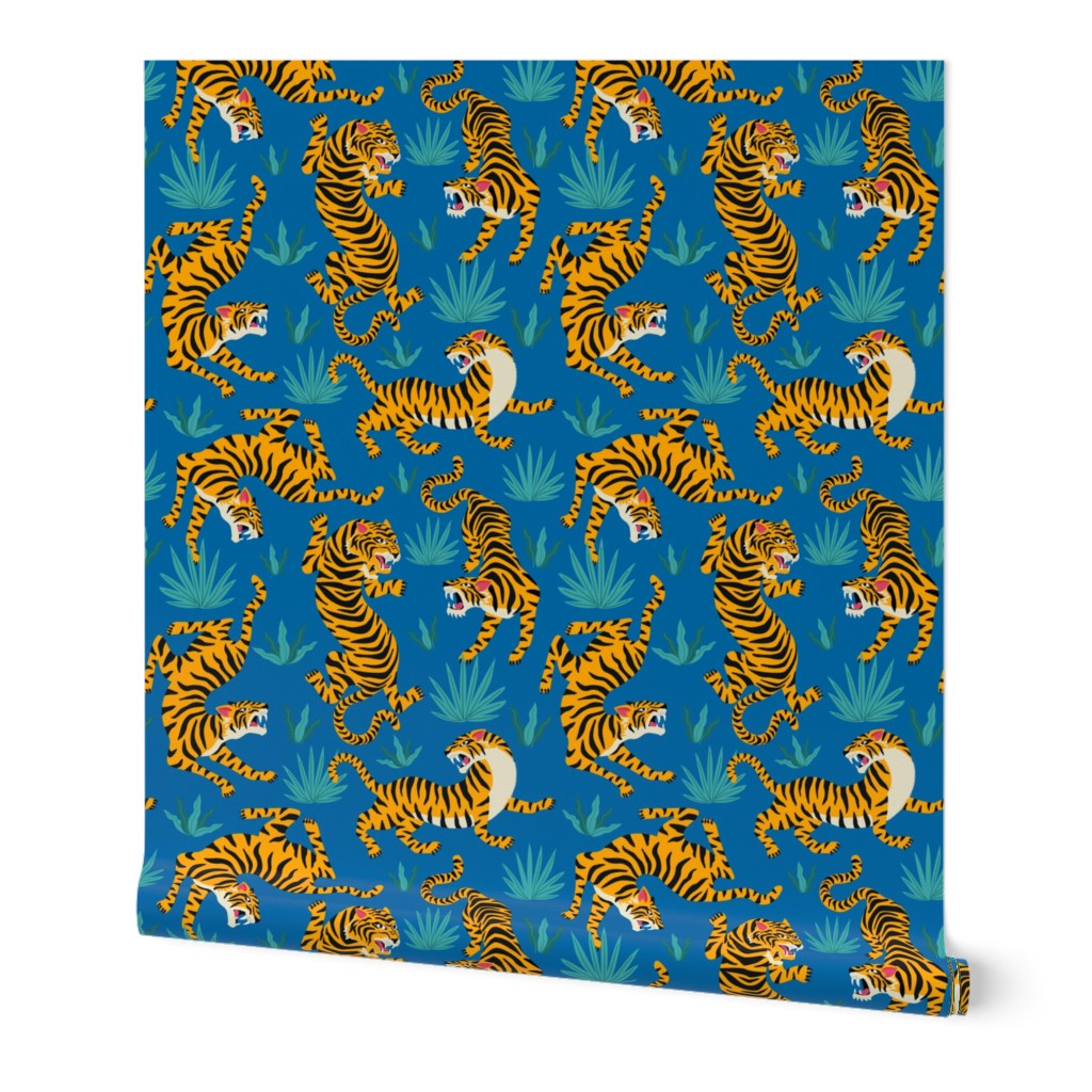 Tigers Dancing on Blue, Asian Tiger, Gold Orange and Black Animal Print Champs