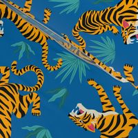 Tigers Dancing on Blue, Asian Tiger, Gold Orange and Black Animal Print Champs