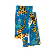 Tigers Dancing on Blue, Asian Tiger, Gold Orange and Black Animal Print Champs