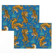 Tigers Dancing on Blue, Asian Tiger, Gold Orange and Black Animal Print Champs